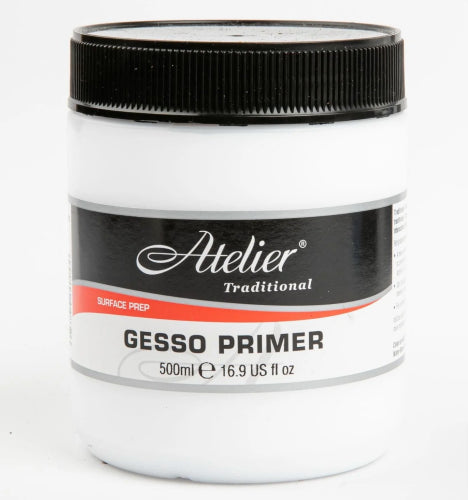 Atelier Gesso Primer 500ml: high-quality acrylic primer for a smooth, absorbent canvas, enhancing paint adhesion and color vibrancy.