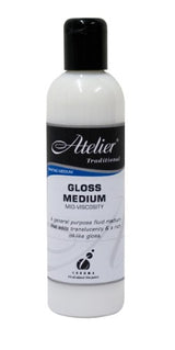 Atelier Gloss Medium 250ml bottle, enhancing acrylic artworks with a glossy finish and extending drying time for better blending.