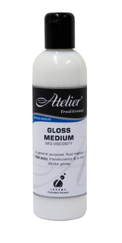 Atelier Gloss Medium 250ml bottle, enhancing acrylic artworks with a glossy finish and extending drying time for better blending.