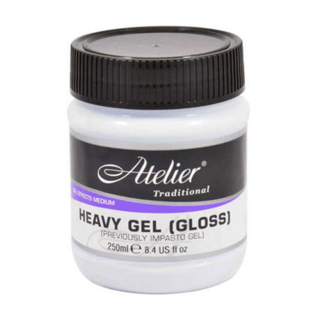 Acrylic paint in a 250ml heavy gel gloss, perfect for adding texture and depth to artwork with a brilliant finish.