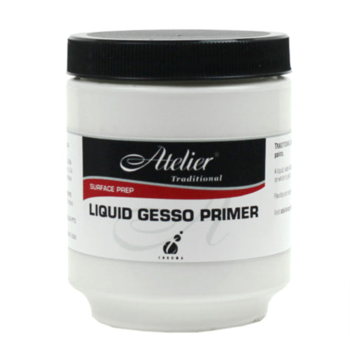 Pouring Atelier Liquid Gesso Primer into a container, showcasing its smooth texture ideal for preparing various art surfaces.