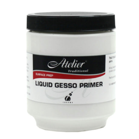Pouring Atelier Liquid Gesso Primer into a container, showcasing its smooth texture ideal for preparing various art surfaces.