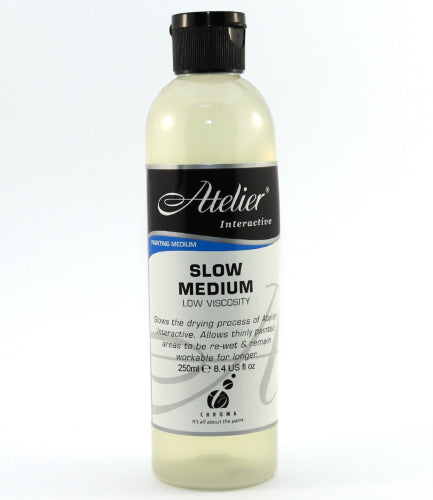 Acrylic paint bottle showcasing Atelier Slow Medium's versatile fast and controlled drying features for artists.