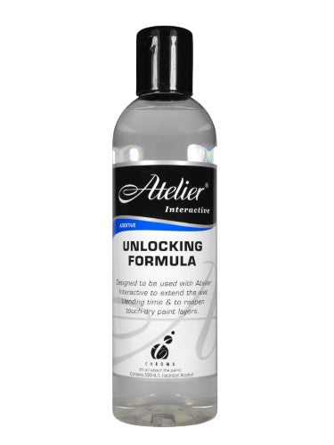Atelier Unlocking Medium 250ml, an acrylic additive for reworking touch-dry paint and enhancing artistic techniques.