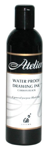 Atelier Waterproof Drawing Ink 250ml in a bottle, ideal for artists with its rich pigment and versatile application on various surfaces.