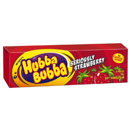 Hubba Bubba Strawberry bubblegum 35g packs, sweet, soft, and chewy, perfect for bubble-blowing fun, in a box of 20.