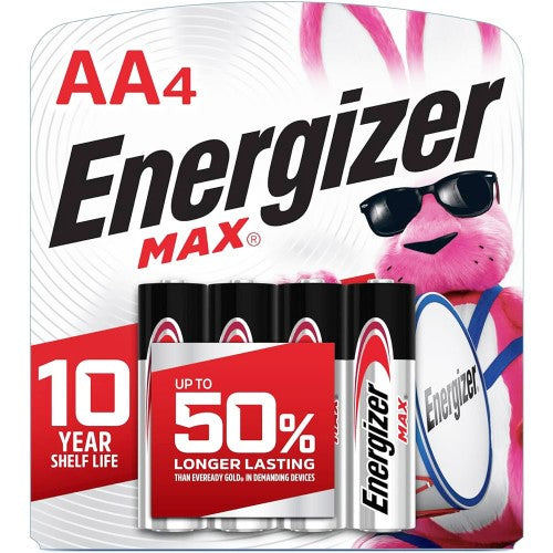 Energizer Max AA batteries, pack of 4, reliable power for devices like remotes and cameras, bulk offering of 12 packs.