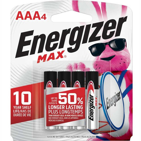 Energizer Max AAA 12-pack features long-lasting batteries for reliable power in devices like remotes and toys.