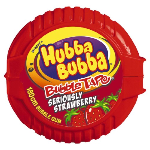 Hubba Bubba Tape Strawberry 56g (12 Pack) featuring long, stretchy bubblegum for fruity flavor and epic bubble blowing fun.