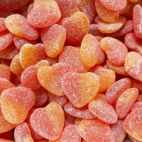 A 2kg bag of Kiwi Delights Gummy Sour Peach Hearts, vibrant heart-shaped candies with a sweet and sour peach flavor.