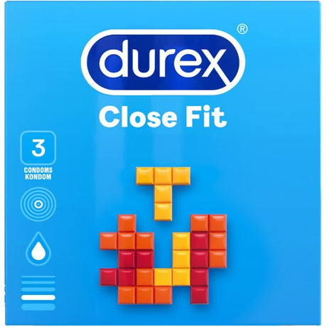 Durex Close Fit condoms pack of 3, designed for snug comfort and heightened sensation for enhanced intimacy.