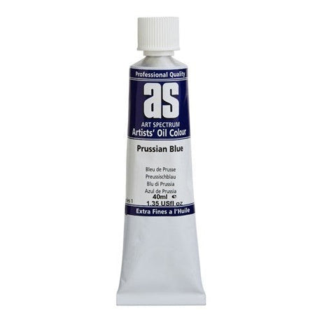 Artist Oil Paint tube in Prussian Blue, 40ml, featuring vibrant, lightfast pigments for rich, durable artwork.