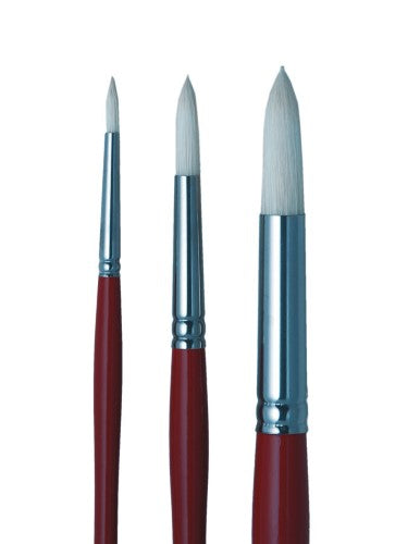 Round hog bristle artist brush with red handle, designed for precision painting in oils and thick acrylics.
