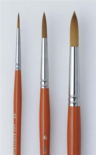 Artisan brush with a polished tan handle, nickel ferrule, and synthetic bristles for versatile watercolor and acrylic painting.
