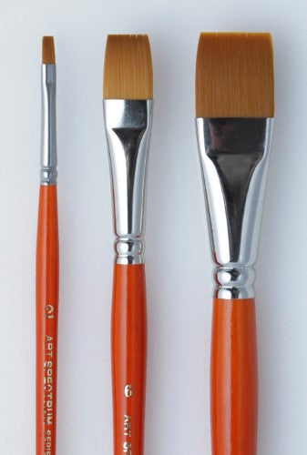 Artist Brush - As Golden Nylon Flat 2 with golden sable synthetic blend, short handle, and nickel-plated ferrule for precision painting.