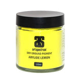 Vibrant Arylide Lemon dry ground pigment in a 120ML container, ideal for creating rich, custom artist colors.