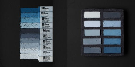 Extra soft pastel set of 10 cool greys for smooth blending, professional quality, and versatile use in artwork.