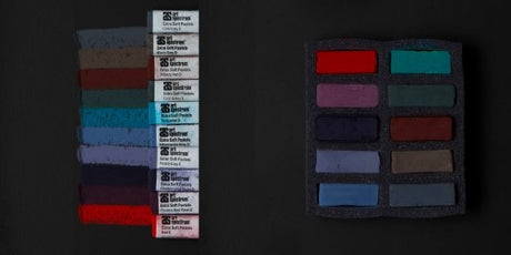 "Set of 10 premium dark soft pastels, featuring pure pigments for rich tones and smooth blendability, perfect for artists."