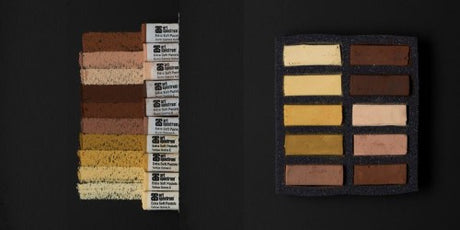 Soft pastel set of 10 ochre earth tones, featuring vibrant colors and creamy texture for smooth blending and artwork detail.