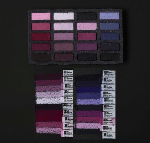 Soft pastel set of 20 violets featuring vibrant, lightfast pigments for smooth application and blending in artistic creations.