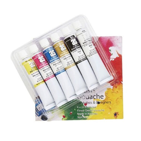 Art Spectrum Gouache Set of 6 featuring vibrant colors in 22.5 mL tubes, ideal for all skill levels and various surfaces.