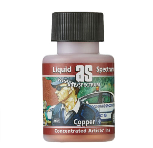 Copper ink bottle showcasing vibrant color, high pigment concentration, and water-resistant, lightfast properties for artists.