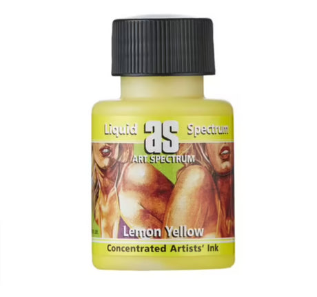 Vibrant 50ml Lemon Yellow artist ink, highly pigmented, water-resistant, perfect for bold and watercolor effects.