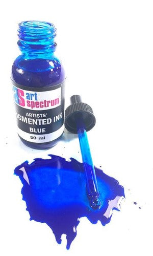 Vibrant blue acrylic-based pigmented ink in a 50ml glass bottle with pipette, ideal for artists and multimedia projects.