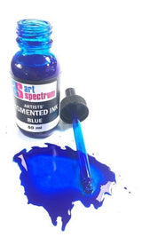 Vibrant blue acrylic-based pigmented ink in a 50ml glass bottle with pipette, ideal for artists and multimedia projects.