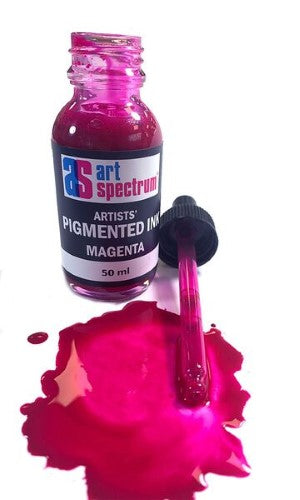 Vibrant 50ml magenta pigmented ink in a glass bottle, perfect for artists seeking intense color and versatility in multimedia projects.