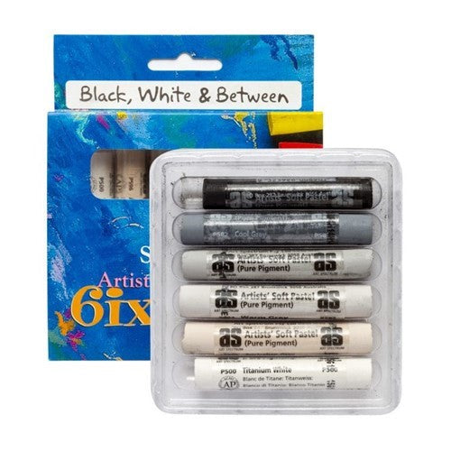 Set of 6 professional-quality black, white, and gray soft pastels for intense color and smooth application in artwork.