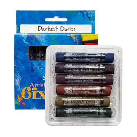 Artist Pastels Set featuring 6 rich, dark pastels with a velvety texture for smooth blending, housed in a secure clam shell case.