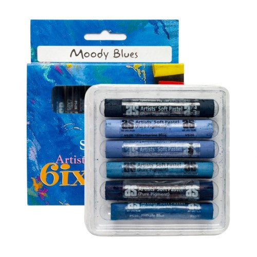 Artist Pastels Set - 6-Pack Moody Blues features rich blue hues in a clam shell case, perfect for blending and creative projects.