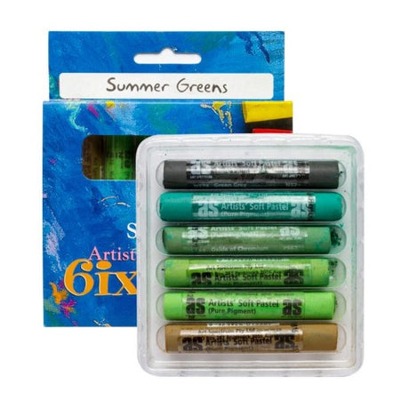 Vibrant 6-pack of summer greens pastels with rich colors, perfect for landscape and botanical artwork, in clam shell case.