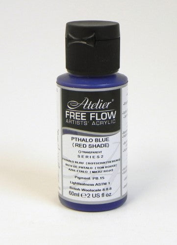 A bottle of Atelier Free Flow 60ml Acrylic Paint in Pthalo Blue (Red Shade), ideal for vibrant, fluid artwork and mixed media.