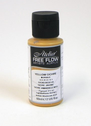 Atelier Free Flow Acrylic Paint in Yellow Ochre, 60ml, offers vivid color and versatile use for artists.