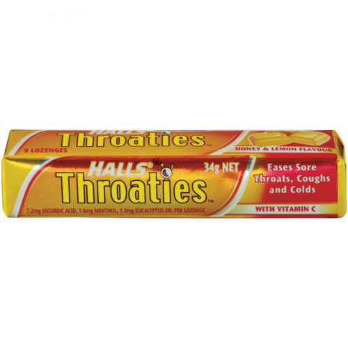 Throaties Lemon and Honey lozenges pack of 20, offering soothing relief for sore throats with a delicious lemon-honey taste.