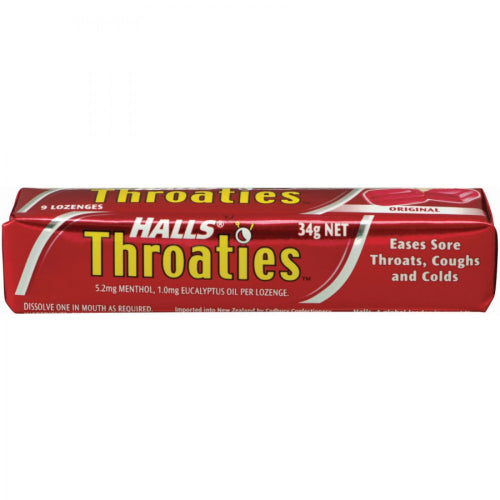 Throaties Original 34g lozenges in a 20-pack for fast, effective sore throat relief with a soothing classic flavor.