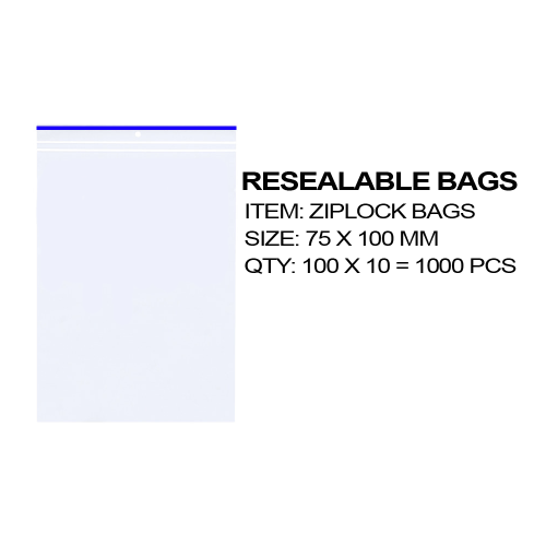 Resealable bags 75x100mm (1000-pack) for versatile storage, transparent design for easy visibility of contents.