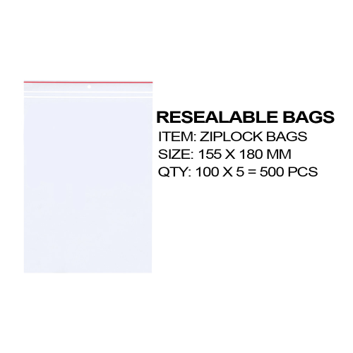 Resealable Bags 155x180mm (500 Pack) for versatile storage, keeping items fresh and organized with a user-friendly closure.