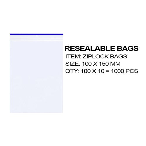 Resealable bags 100x150mm, 1000 pack, ideal for storage, food, crafts, and small items with airtight closure.