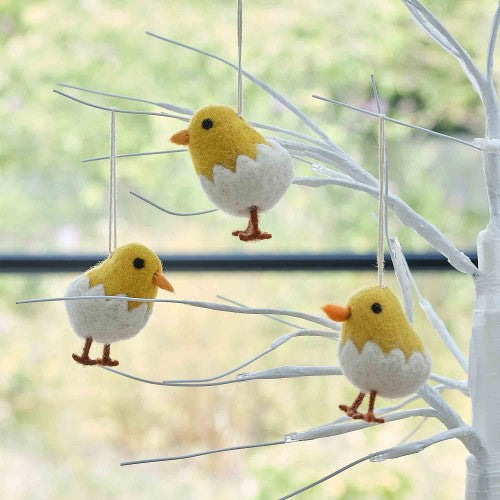 Colorful felt chick decorations in yellow and white, perfect for enhancing Easter trees and spring celebrations. Pack of 3.