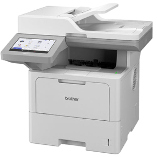 Brother MFCL6915DW multifunction printer with wireless, 52ppm speed, ADF, and 7" touchscreen for efficient office tasks.