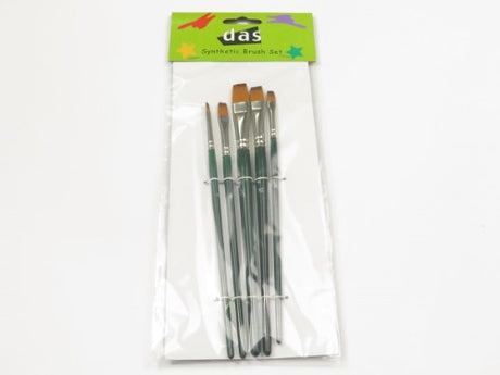 Five flat synthetic brushes with durable handles for versatile painting techniques in acrylics, oils, and watercolors.