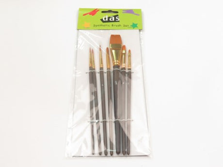 A set of seven assorted synthetic artist brushes for acrylic, watercolor, and oil painting, featuring various shapes and ergonomic design.