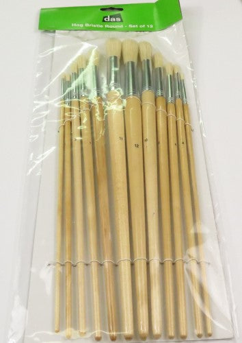 Set of 12 round hog bristle artist brushes for versatile painting in oil, acrylic, and watercolor with ergonomic handles.