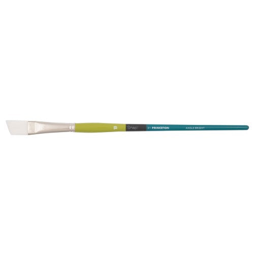 Angle bright brush with white Taklon bristles, short handle for precision and control in watercolor and acrylic painting.