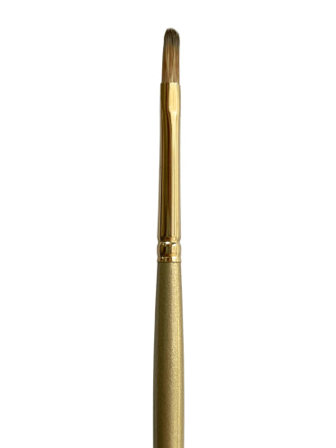 Close-up of DASS2100 Syn-Mong Filbert #0 brush with premium synthetic bristles, gold ferrule, and polished long handle.