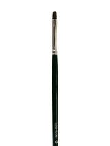 High-quality synthetic artist brush with greenish-gray filaments, seamless aluminum ferrule, and polished long handle for precision.