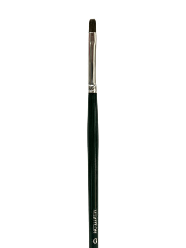 High-quality synthetic artist brush with greenish-gray filaments, seamless aluminum ferrule, and polished long handle for precision.